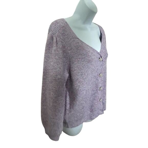 Skies Are Blue Lilac Jewelry Button Puff Sleeve Cardigan Sweater Size Large Soft - Picture 3 of 10